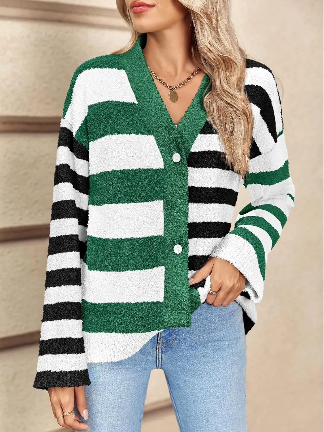 Saodimallsu Womens Striped Cardigan Sweaters V Neck Open Front Button Up Color Block Fuzzy Loose Knit Coats