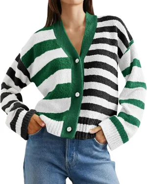 Saodimallsu Womens Striped Cardigan Sweaters V Neck Open Front Button Up Color Block Fuzzy Loose Knit Coats