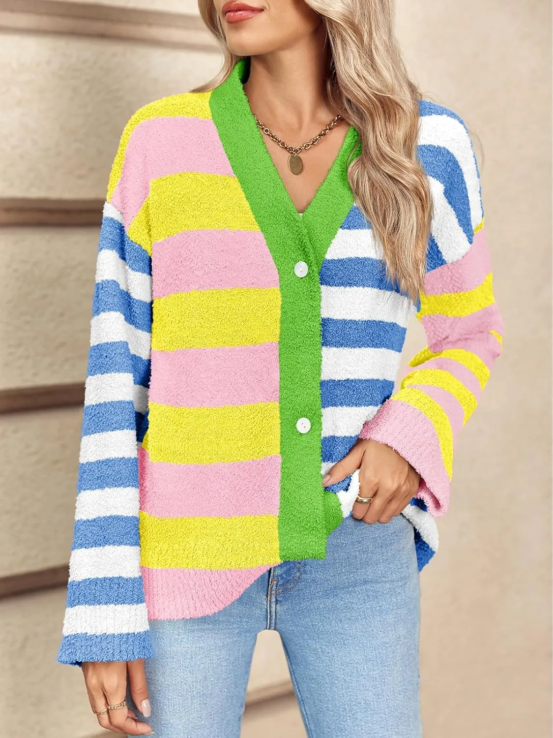 Saodimallsu Womens Striped Cardigan Sweaters V Neck Open Front Button Up Color Block Fuzzy Loose Knit Coats