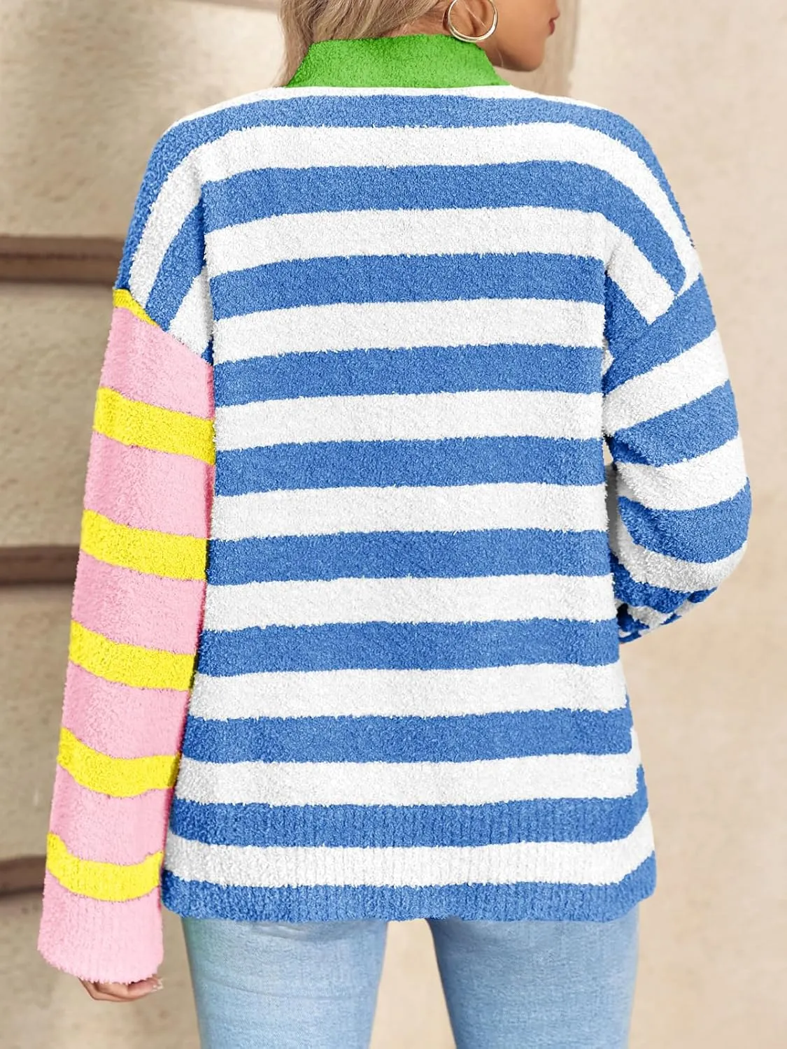 Saodimallsu Womens Striped Cardigan Sweaters V Neck Open Front Button Up Color Block Fuzzy Loose Knit Coats