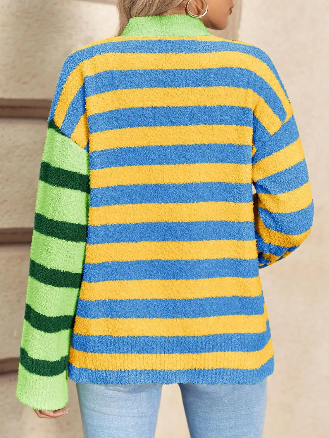 Saodimallsu Womens Striped Cardigan Sweaters V Neck Open Front Button Up Color Block Fuzzy Loose Knit Coats