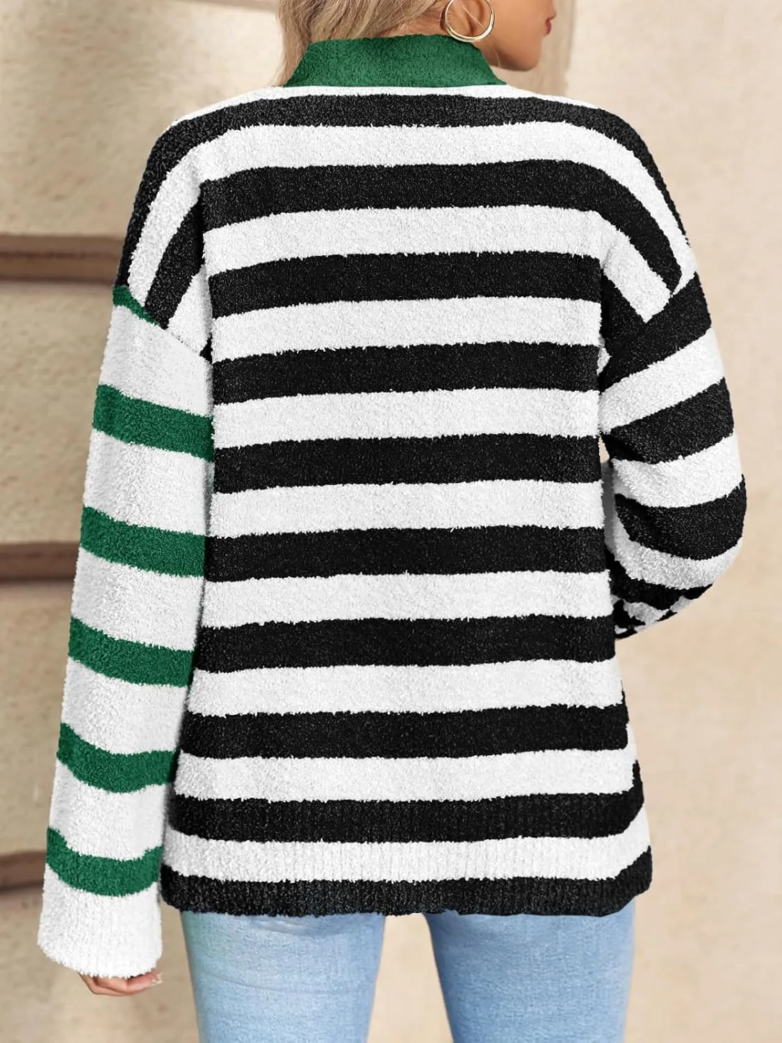 Saodimallsu Womens Striped Cardigan Sweaters V Neck Open Front Button Up Color Block Fuzzy Loose Knit Coats