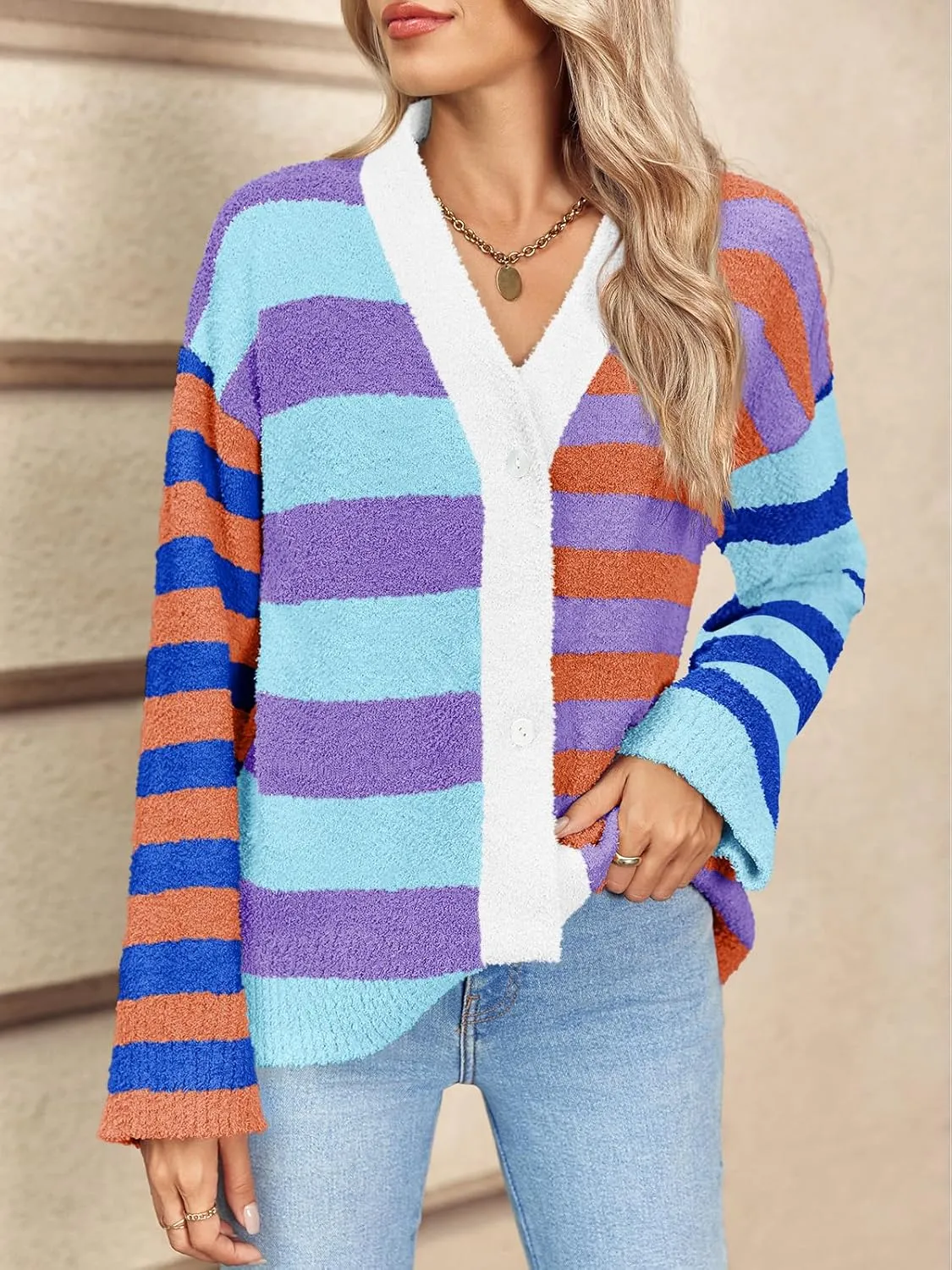 Saodimallsu Womens Striped Cardigan Sweaters V Neck Open Front Button Up Color Block Fuzzy Loose Knit Coats