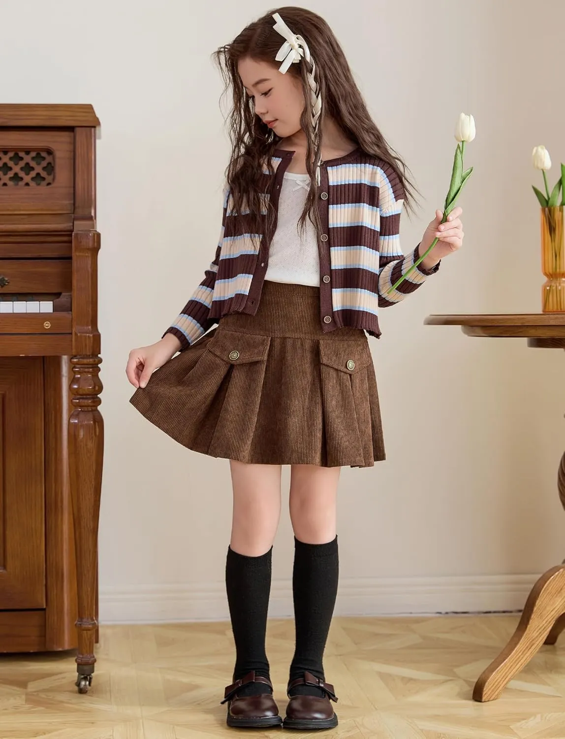 SEAUR Girl's Corduroy Short Skirt Mini High Waist A Line Pleated Skirt Casual Uniforms School Skirt