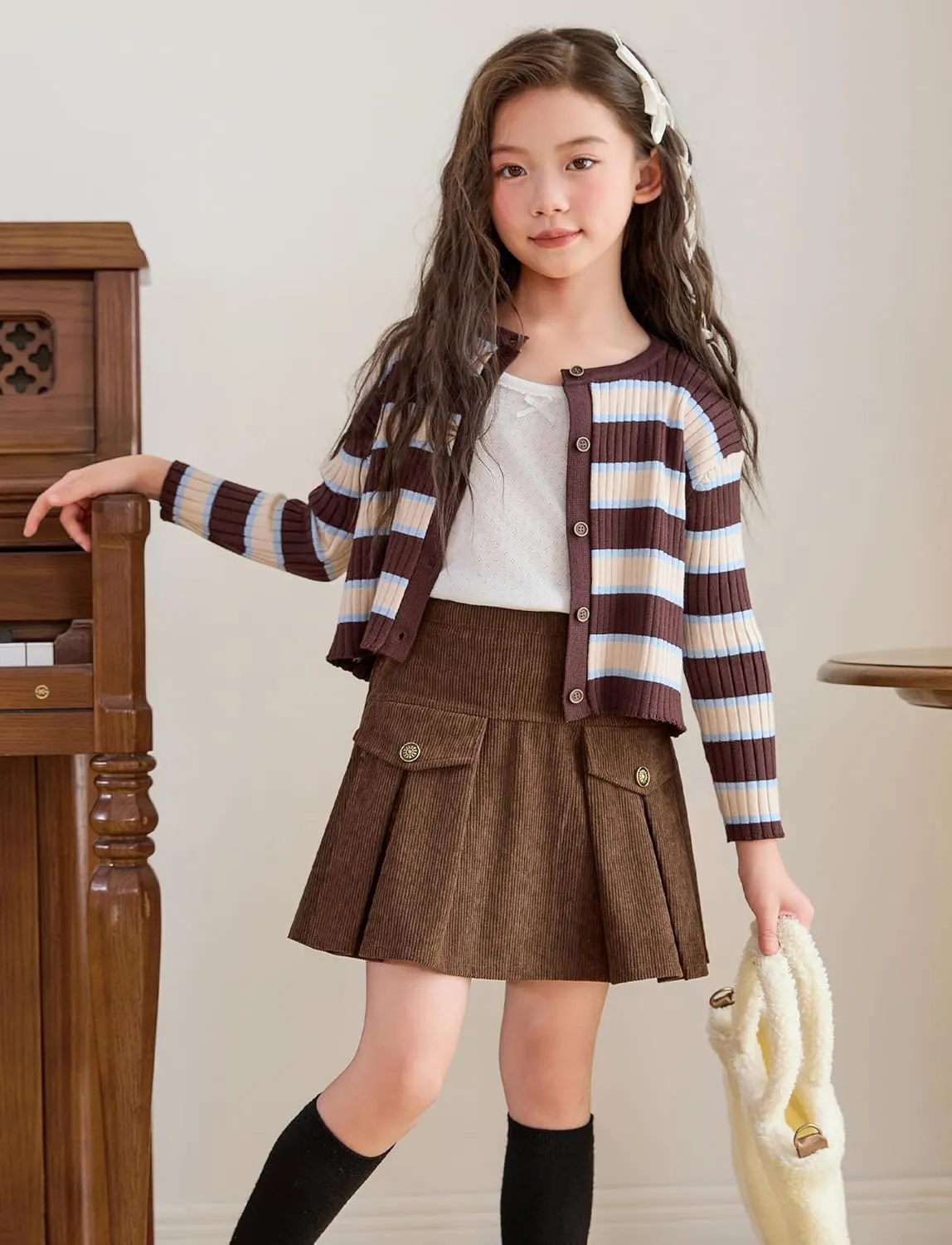 SEAUR Girl's Corduroy Short Skirt Mini High Waist A Line Pleated Skirt Casual Uniforms School Skirt