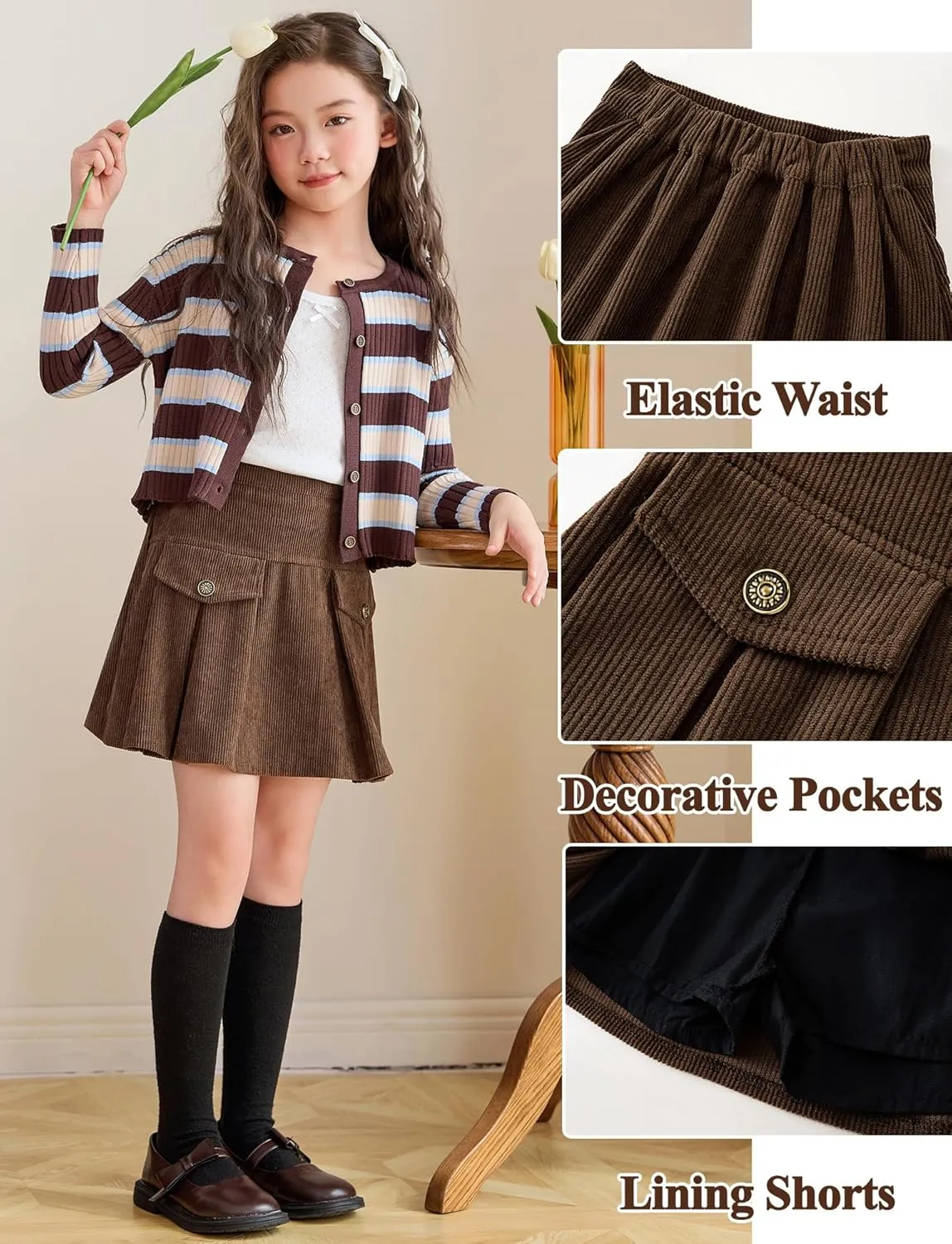 SEAUR Girl's Corduroy Short Skirt Mini High Waist A Line Pleated Skirt Casual Uniforms School Skirt