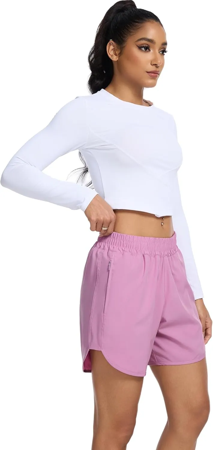 SILKWORLD Women's Running Shorts Hight Waist 5" Summer Athletic Gym Workout Fashion Short with Liner and Zipper Pockets