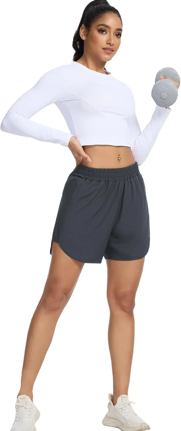 SILKWORLD Women's Running Shorts Hight Waist 5" Summer Athletic Gym Workout Fashion Short with Liner and Zipper Pockets