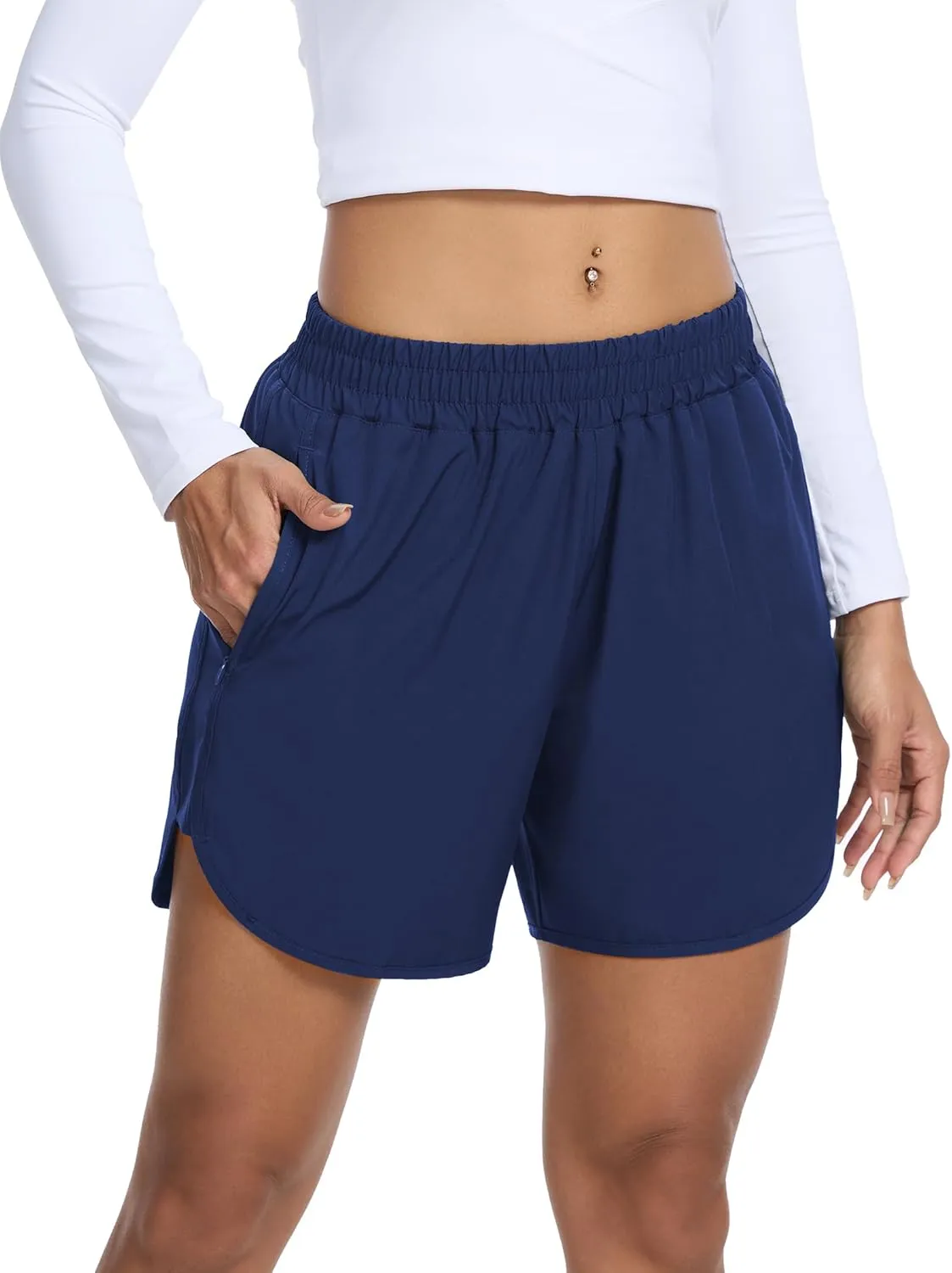 SILKWORLD Women's Running Shorts Hight Waist 5" Summer Athletic Gym Workout Fashion Short with Liner and Zipper Pockets