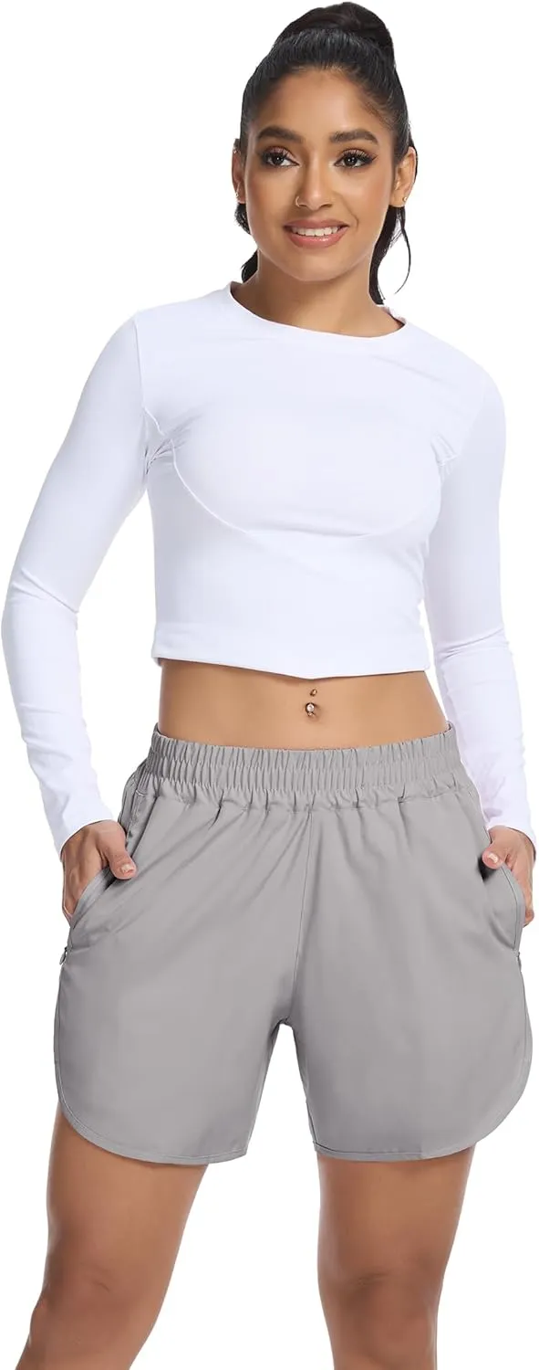 SILKWORLD Women's Running Shorts Hight Waist 5" Summer Athletic Gym Workout Fashion Short with Liner and Zipper Pockets