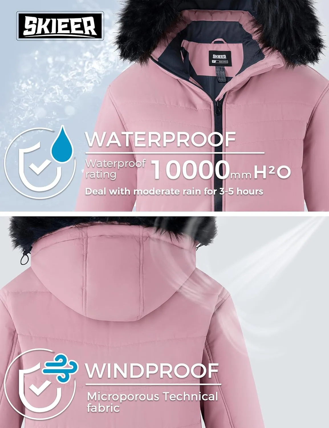 Skieer Women's Plus Size Ski Jacket Waterproof Warm Snow Winter Coat with Removable Hood