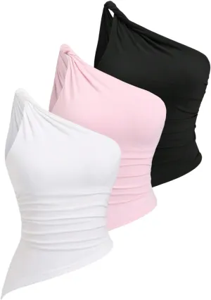 SOLY HUX Women's Y2k One Shoulder Twist Tank Tops Asymmetrical Sleeveless Shirts Going Out Vest 3 Packs