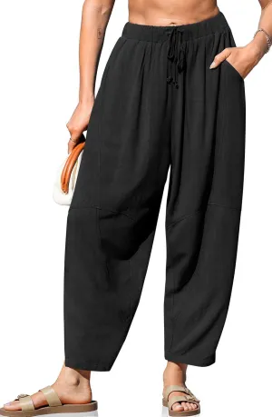TARSE Women's Linen Harem Pants Casual Loose Fit Wide Leg Cropped Lightweight Drawstring Elastic Waist Pants with Pockets