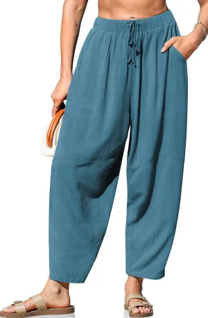 TARSE Women's Linen Harem Pants Casual Loose Fit Wide Leg Cropped Lightweight Drawstring Elastic Waist Pants with Pockets