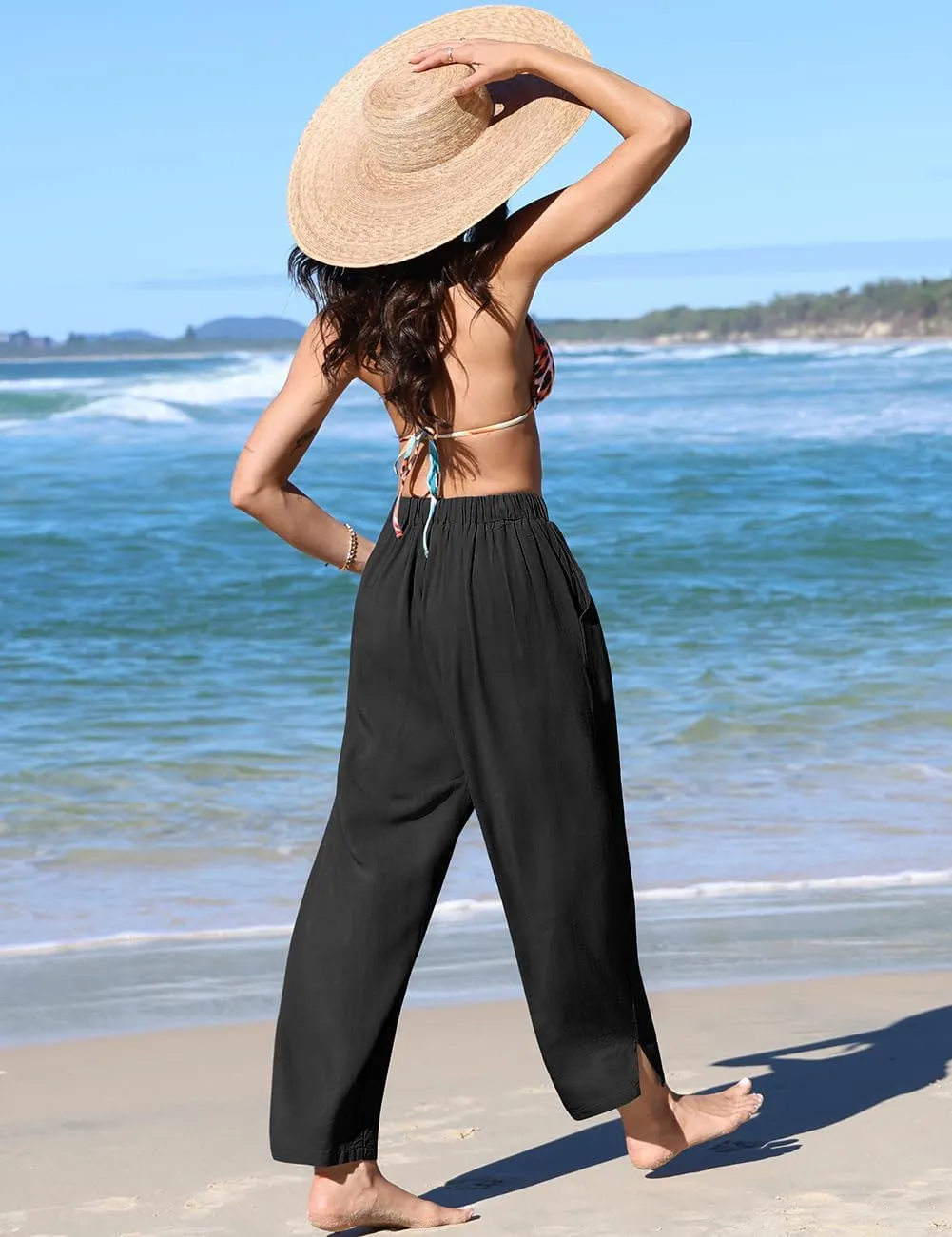 TARSE Women's Linen Harem Pants Casual Loose Fit Wide Leg Cropped Lightweight Drawstring Elastic Waist Pants with Pockets