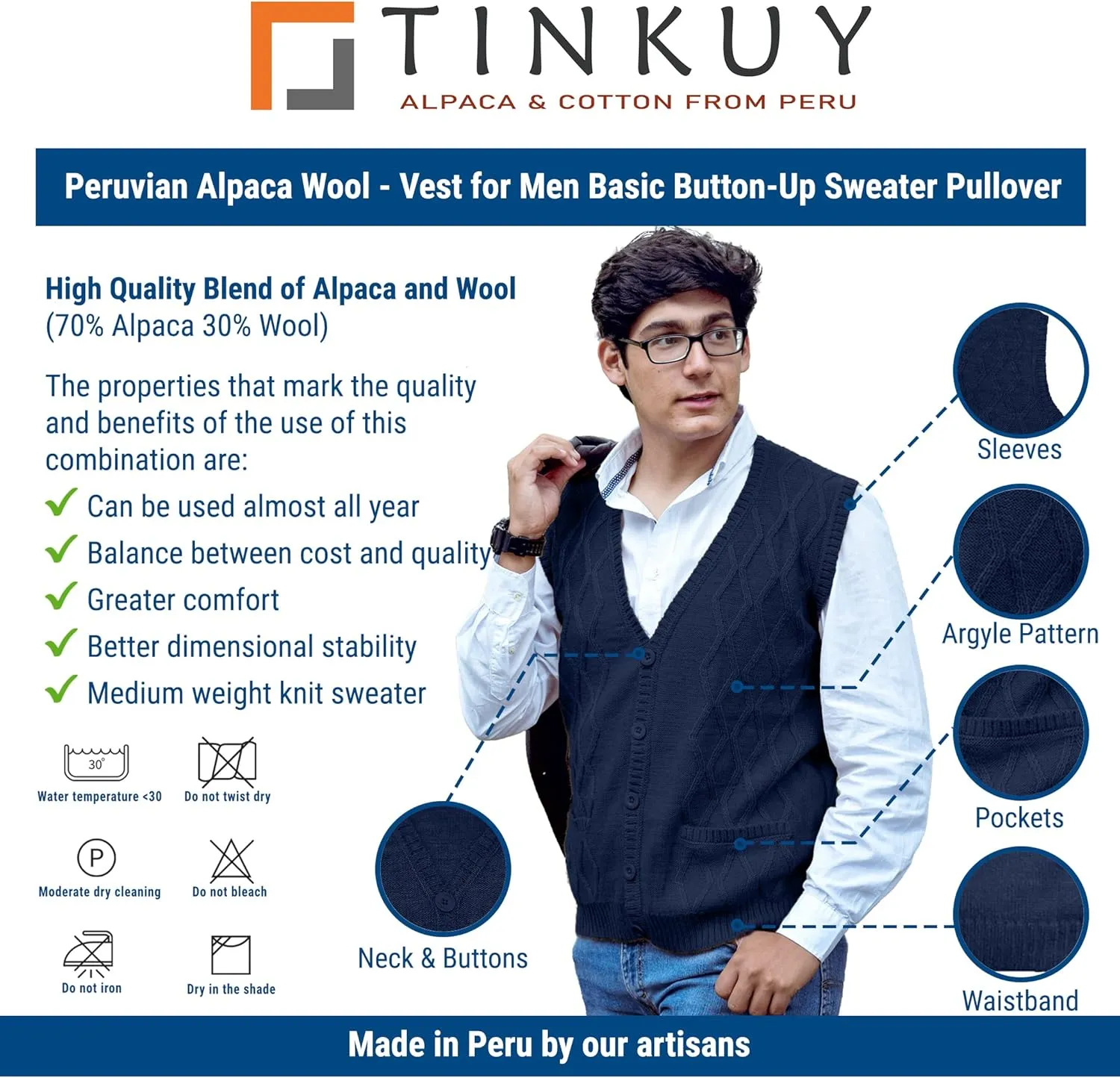 TINKUY Peru Mens Alpaca Wool V Neck Argyle Cardigan Vest, S-4XL