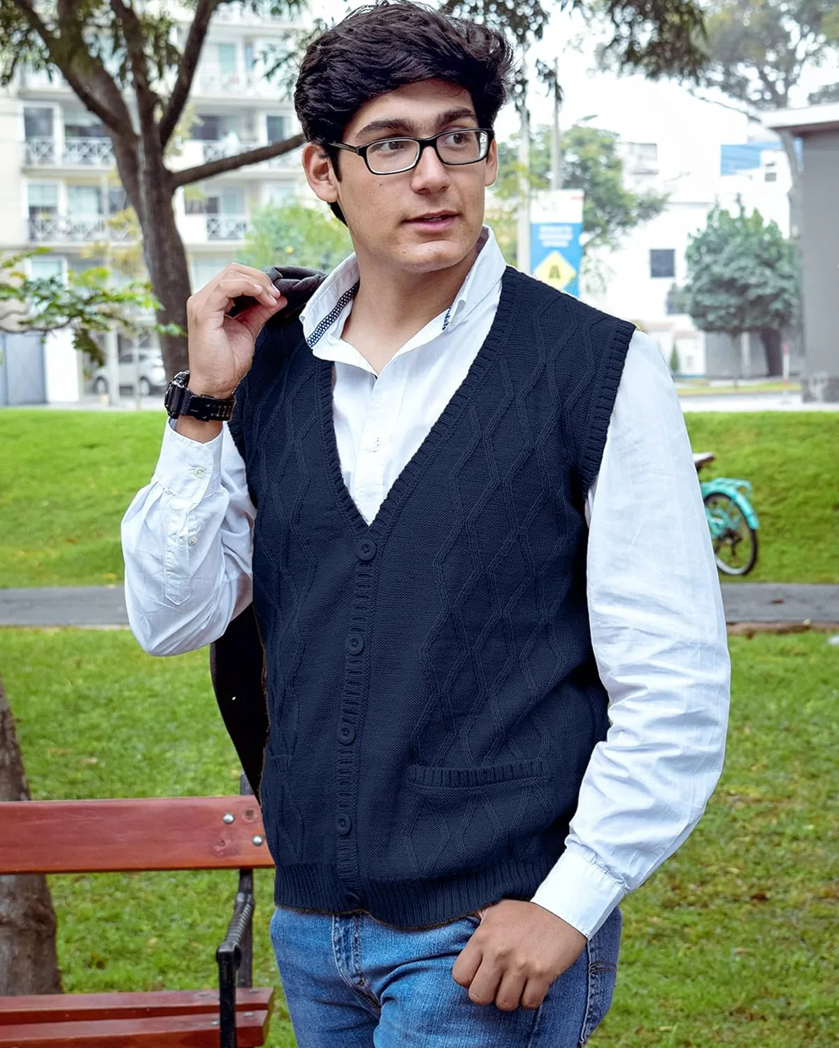 TINKUY Peru Mens Alpaca Wool V Neck Argyle Cardigan Vest, S-4XL