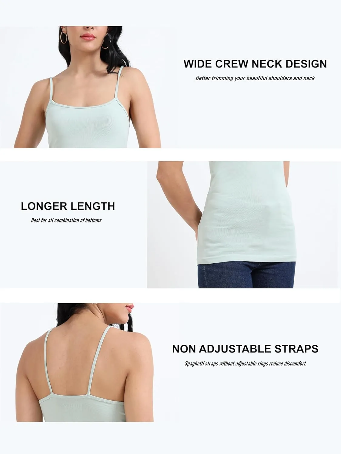 TREDECIM Women's Basic Organic Cotton Stretch Camisole Tank top, Non-Adjustable Spaghetti Strap Undershirts Pack of 7