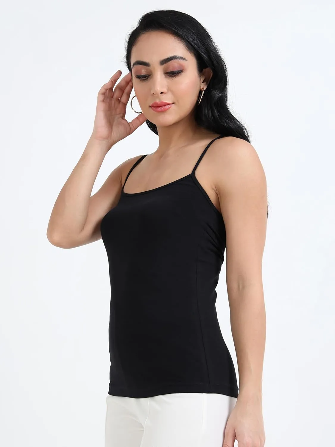 TREDECIM Women's Basic Organic Cotton Stretch Camisole Tank top, Non-Adjustable Spaghetti Strap Undershirts Pack of 7