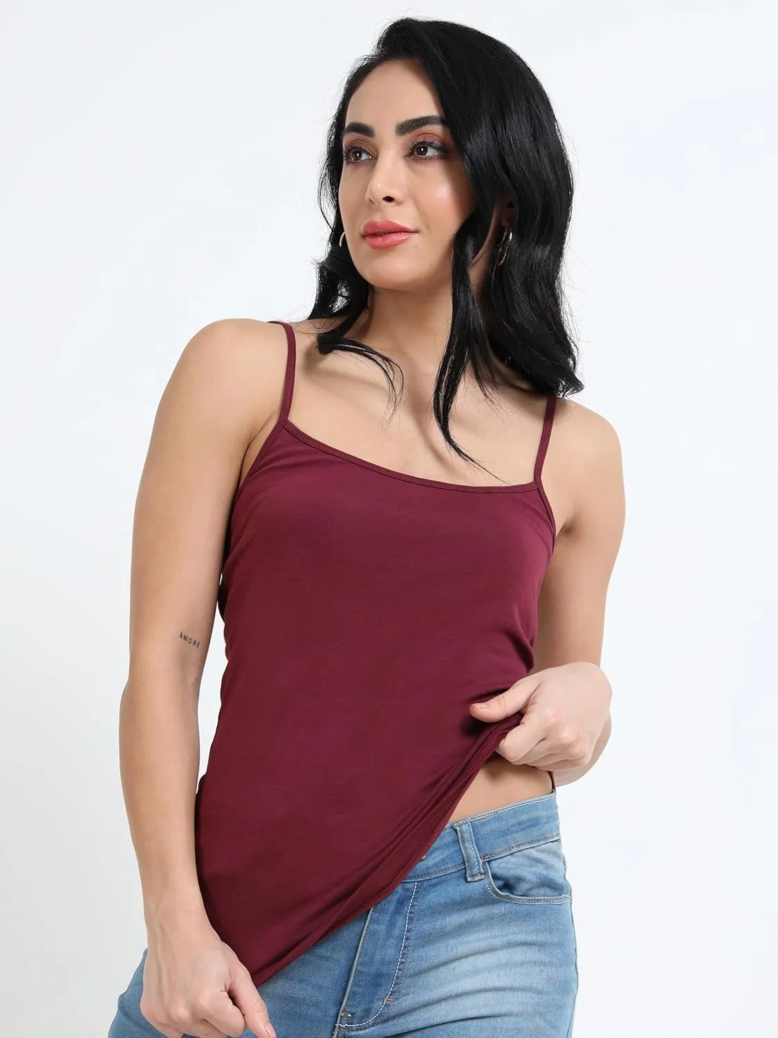 TREDECIM Women's Basic Organic Cotton Stretch Camisole Tank top, Non-Adjustable Spaghetti Strap Undershirts Pack of 7