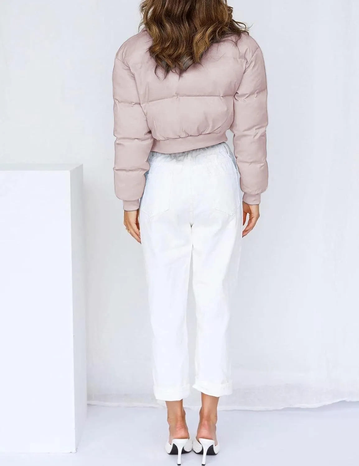 Uaneo Womens Cropped Puffer Jacket Stand Collar Zip Up Winter Padded Down Coats
