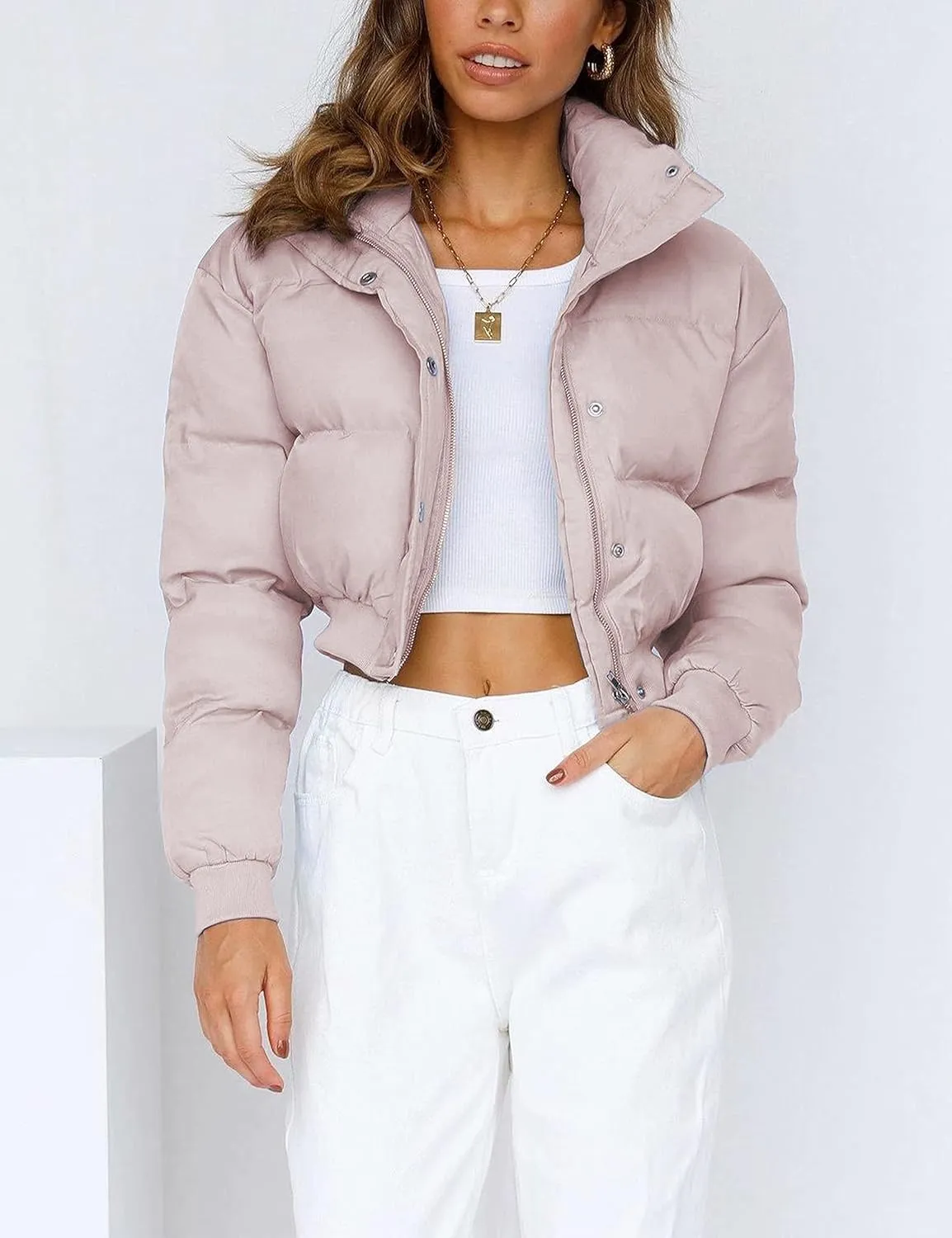 Uaneo Womens Cropped Puffer Jacket Stand Collar Zip Up Winter Padded Down Coats
