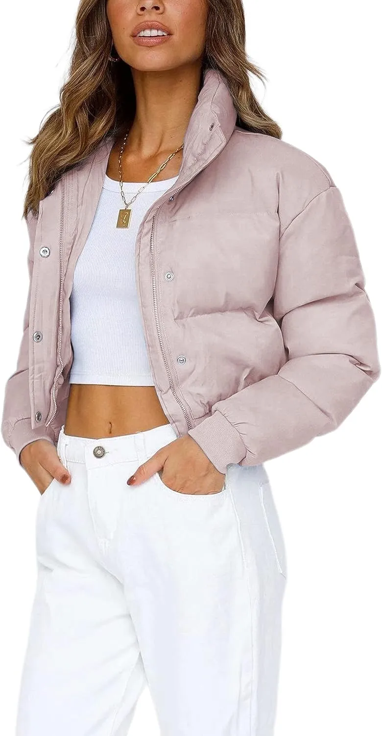 Uaneo Womens Cropped Puffer Jacket Stand Collar Zip Up Winter Padded Down Coats
