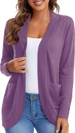 Urban CoCo Women's Long Sleeve Knit Sweater Cardigans Curved Hem Open Front with Pockets