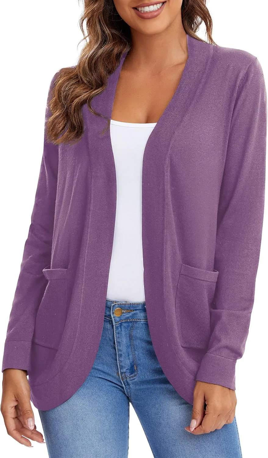 Urban CoCo Women's Long Sleeve Knit Sweater Cardigans Curved Hem Open Front with Pockets