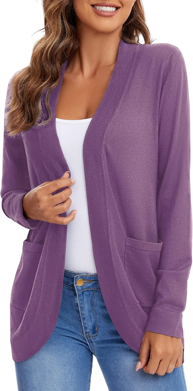 Urban CoCo Women's Long Sleeve Knit Sweater Cardigans Curved Hem Open Front with Pockets