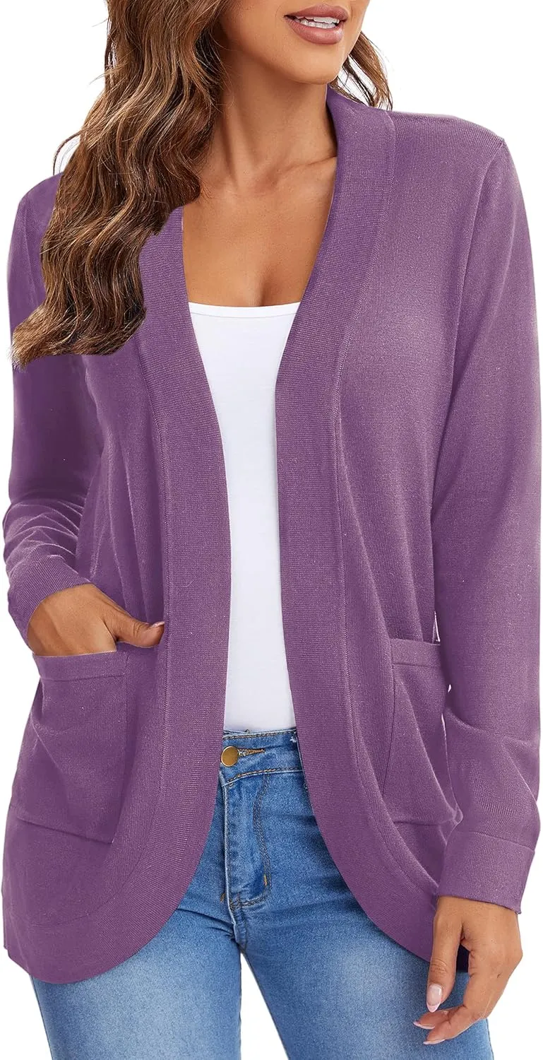 Urban CoCo Women's Long Sleeve Knit Sweater Cardigans Curved Hem Open Front with Pockets