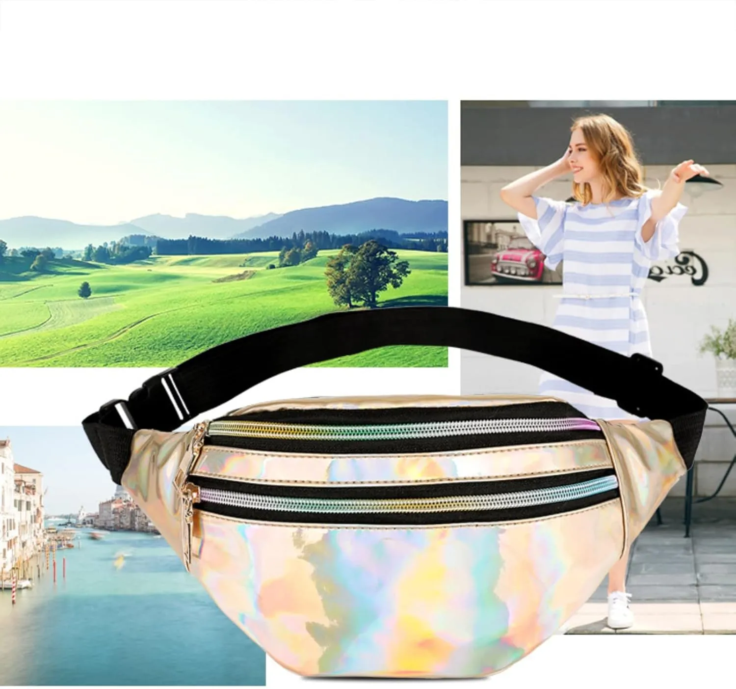 Waist Bag Men And Women Shiny PU Waist Bag Functional Color Single Shoulder Body Bags Men Leather Bags (Gold, One Size)