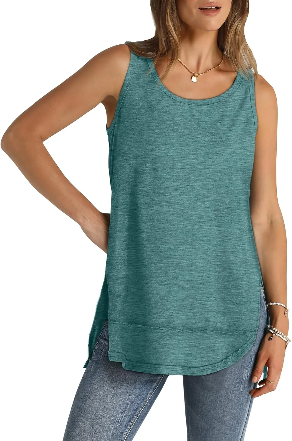 WIHOLL Loose Fit Tank Tops for Women Scoop Neck Summer Side Split Sleeveless Shirts 2025 Fashion