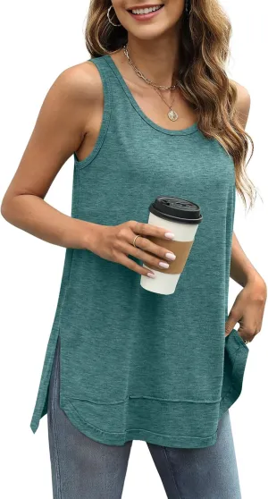 WIHOLL Loose Fit Tank Tops for Women Scoop Neck Summer Side Split Sleeveless Shirts 2025 Fashion