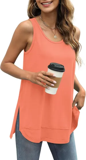 WIHOLL Loose Fit Tank Tops for Women Scoop Neck Summer Side Split Sleeveless Shirts 2025 Fashion