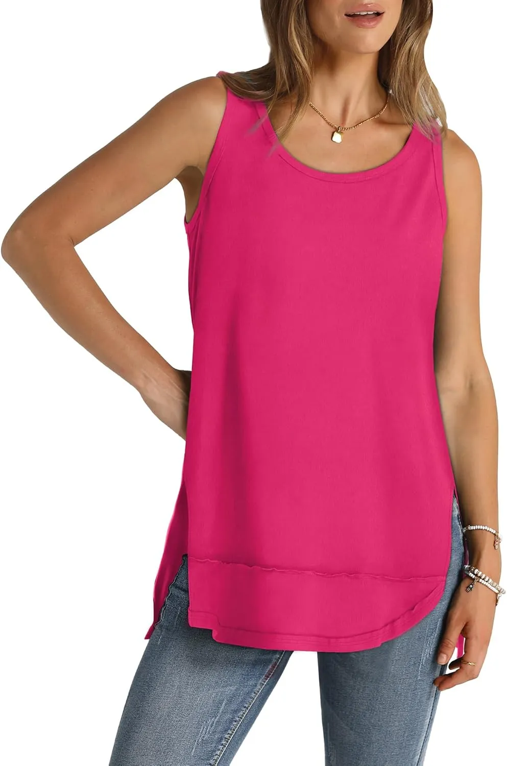 WIHOLL Loose Fit Tank Tops for Women Scoop Neck Summer Side Split Sleeveless Shirts 2025 Fashion