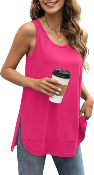 WIHOLL Loose Fit Tank Tops for Women Scoop Neck Summer Side Split Sleeveless Shirts 2025 Fashion