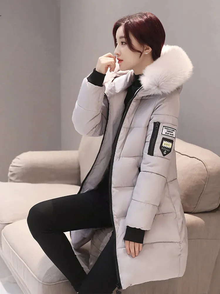 Winter Warm Fur Collar Hooded Women Parka Fashion Comfortable Zipper Pockets Design Long Jacket Elegant Slim Thick Female Coats