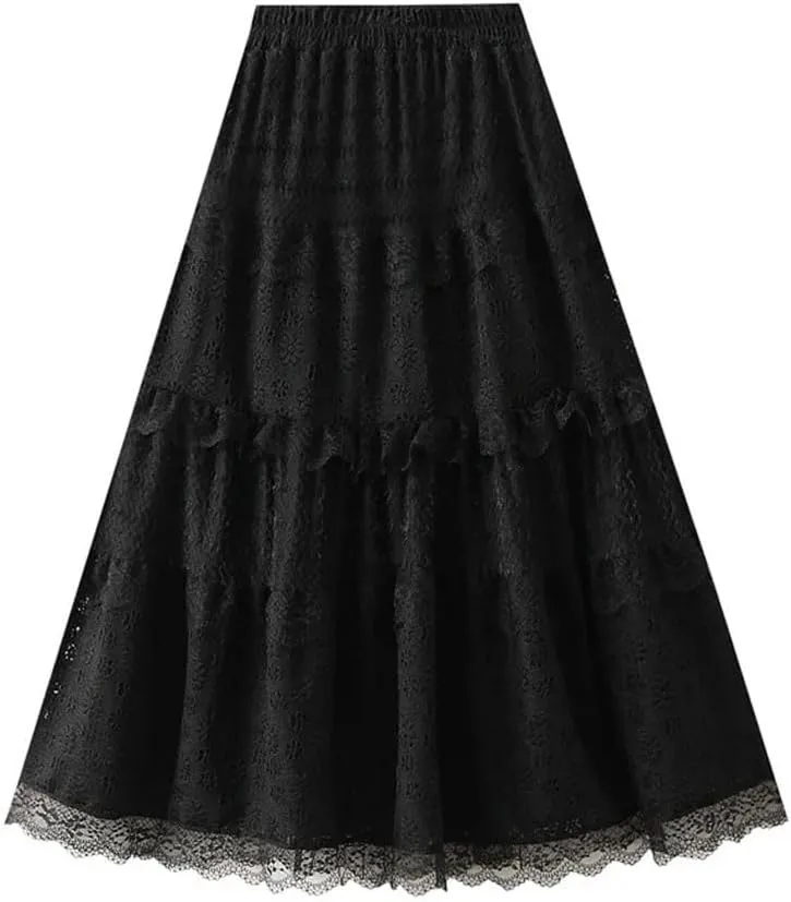 Women Lace Cake Skirt Loose High Waist A-Line Dance Midi Skirts