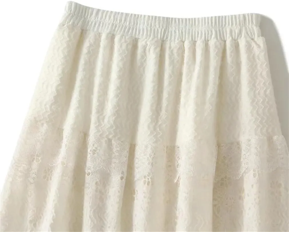 Women Lace Cake Skirt Loose High Waist A-Line Dance Midi Skirts