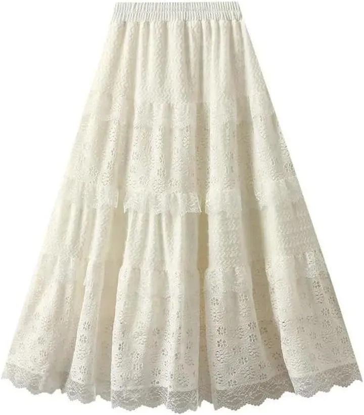 Women Lace Cake Skirt Loose High Waist A-Line Dance Midi Skirts