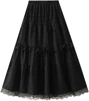 Women Lace Cake Skirt Loose High Waist A-Line Dance Midi Skirts