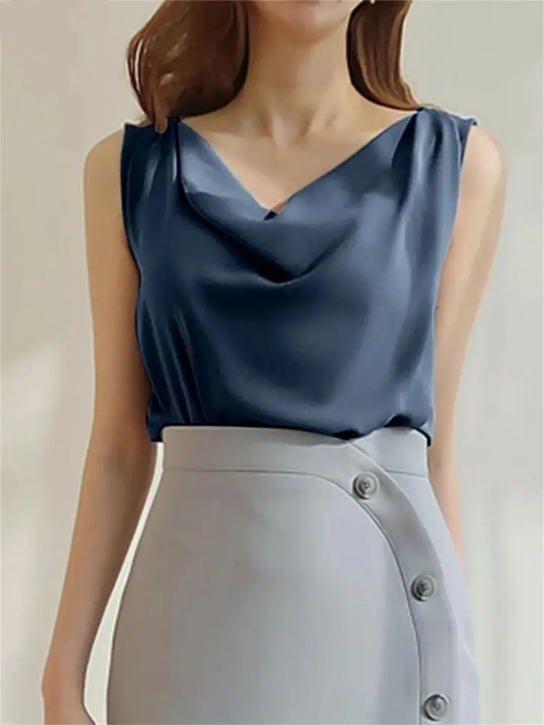 Women Satin Solid Color Sleeveless Tank Tops Elegant Korean Style Sexy Office Cowl Neck Camisole