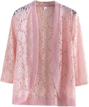 Women Sexy Lace Knit Cardigan Sweater Summer Thin Shawl Sunscreen Shirt Coat Plus Size Pink