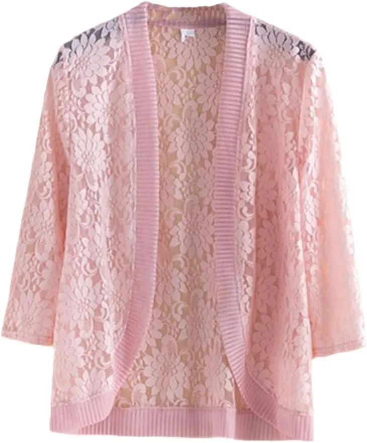 Women Sexy Lace Knit Cardigan Sweater Summer Thin Shawl Sunscreen Shirt Coat Plus Size Pink