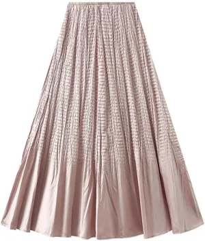 Women Solid High Waist Fold Long Skirt A-Line Party Pleated Skirts