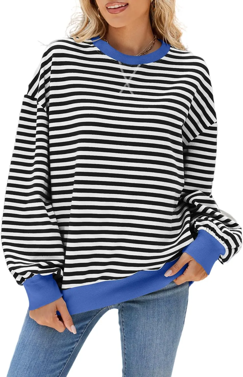 Women Striped Oversized Sweatshirt Crewneck Hoodies Long Sleeve Shirts 2024 Fall Pullover Tops Trendy Fashion Clothes