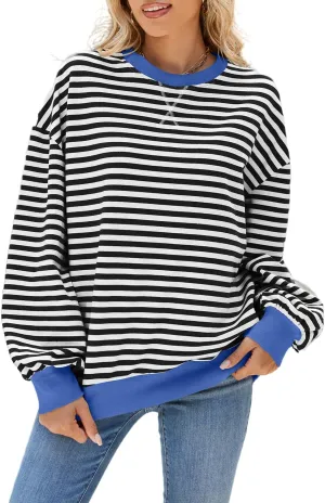 Women Striped Oversized Sweatshirt Crewneck Hoodies Long Sleeve Shirts 2024 Fall Pullover Tops Trendy Fashion Clothes