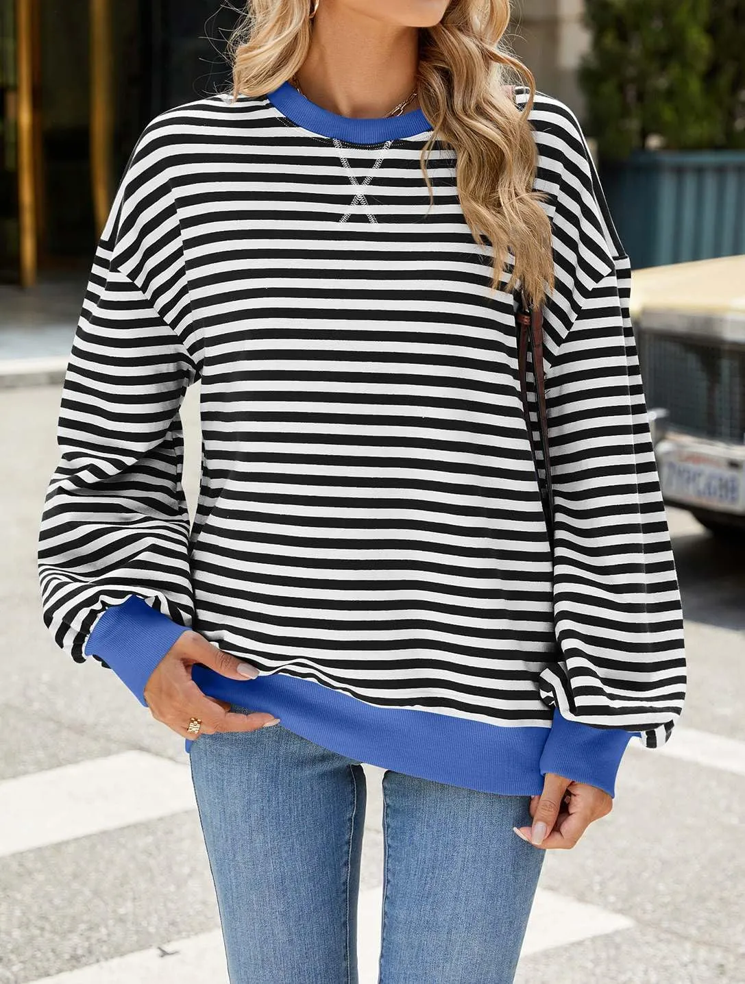 Women Striped Oversized Sweatshirt Crewneck Hoodies Long Sleeve Shirts 2024 Fall Pullover Tops Trendy Fashion Clothes