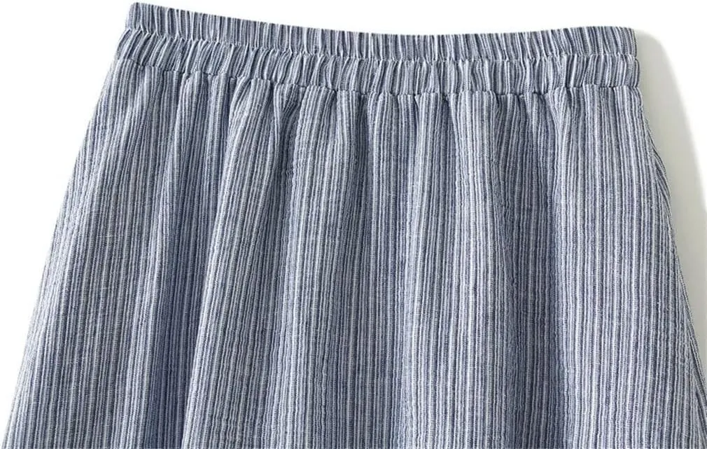 Women Striped Patchwork Lace Midi Long Skirt Loose Elastic High Waist A-Line Skirts